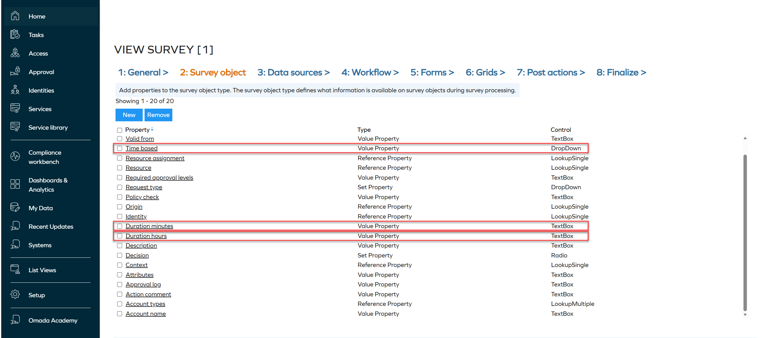 Survey template XML showing the TimeBased, DurationHours, and DurationMinutes properties added to the objectType section.