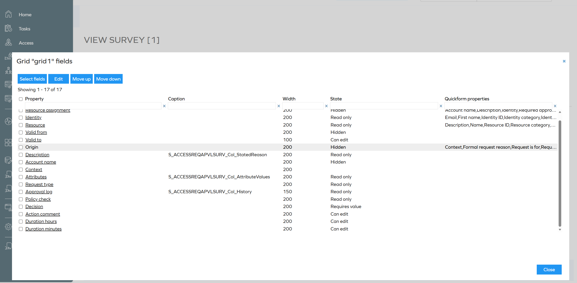 Custom approval grid with DurationHours and DurationMinutes columns added so approvers can view and edit the duration of a request.