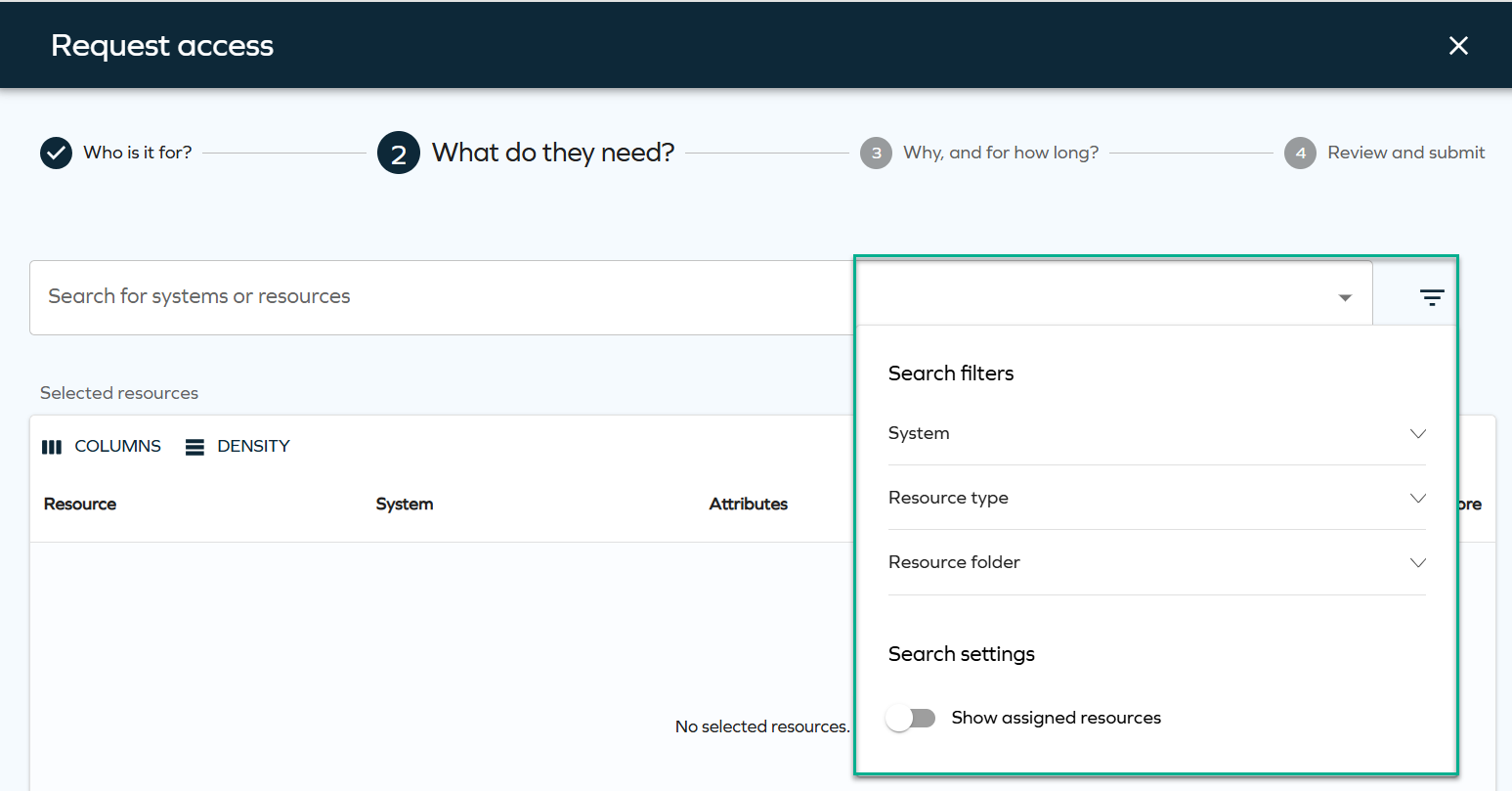 Access request step 2 - configurable filters