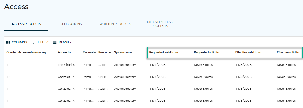 Access page - effective and requested valid to and from