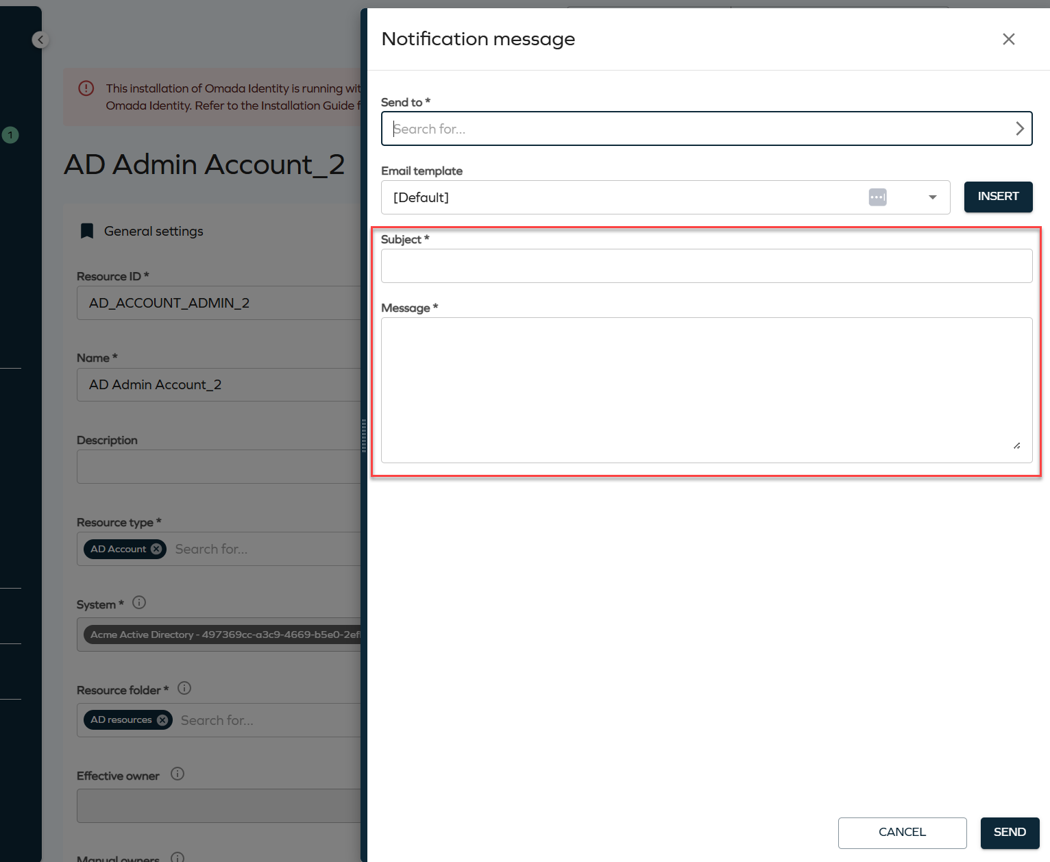 Subject and message fields in notifications