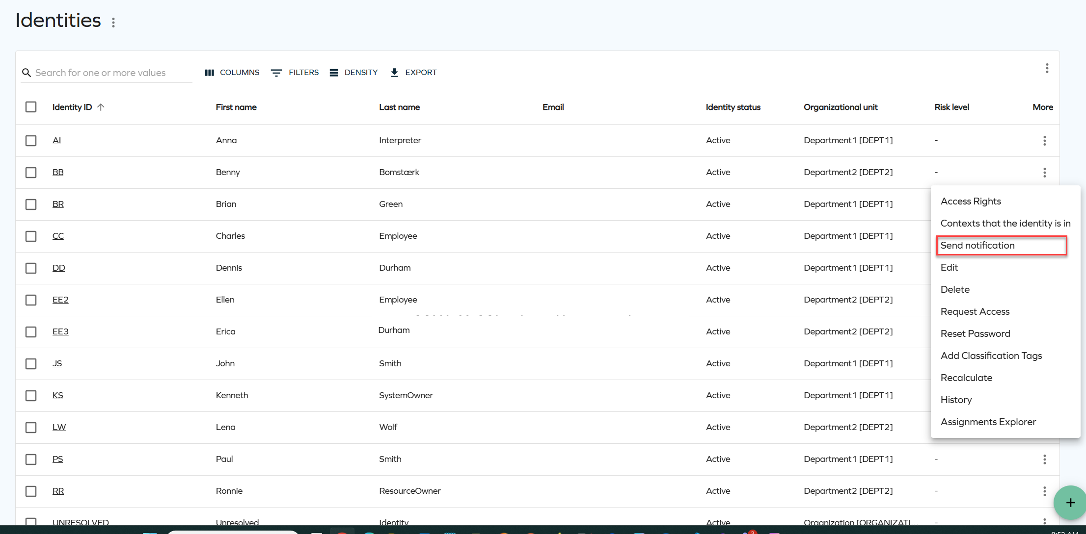 Open notification action from Identities list