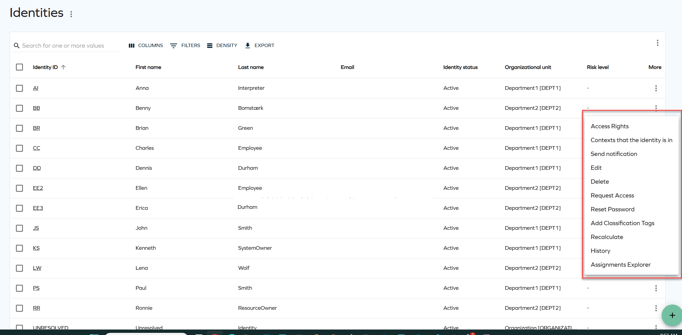 List of options from Identity list view.