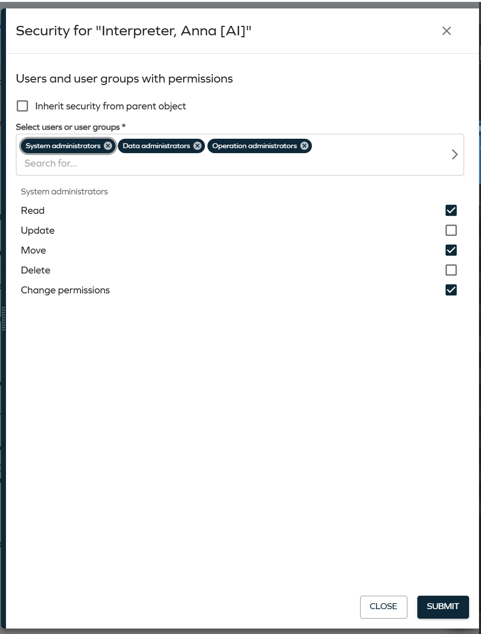 Users and user groups selector grid.
