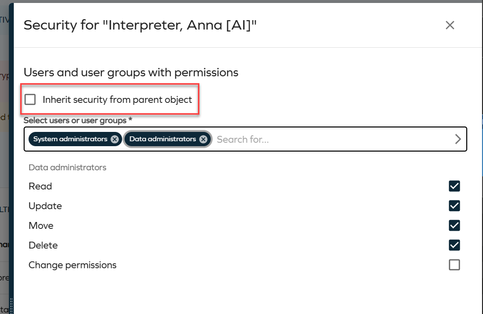 Security side panel with inheritance disabled.