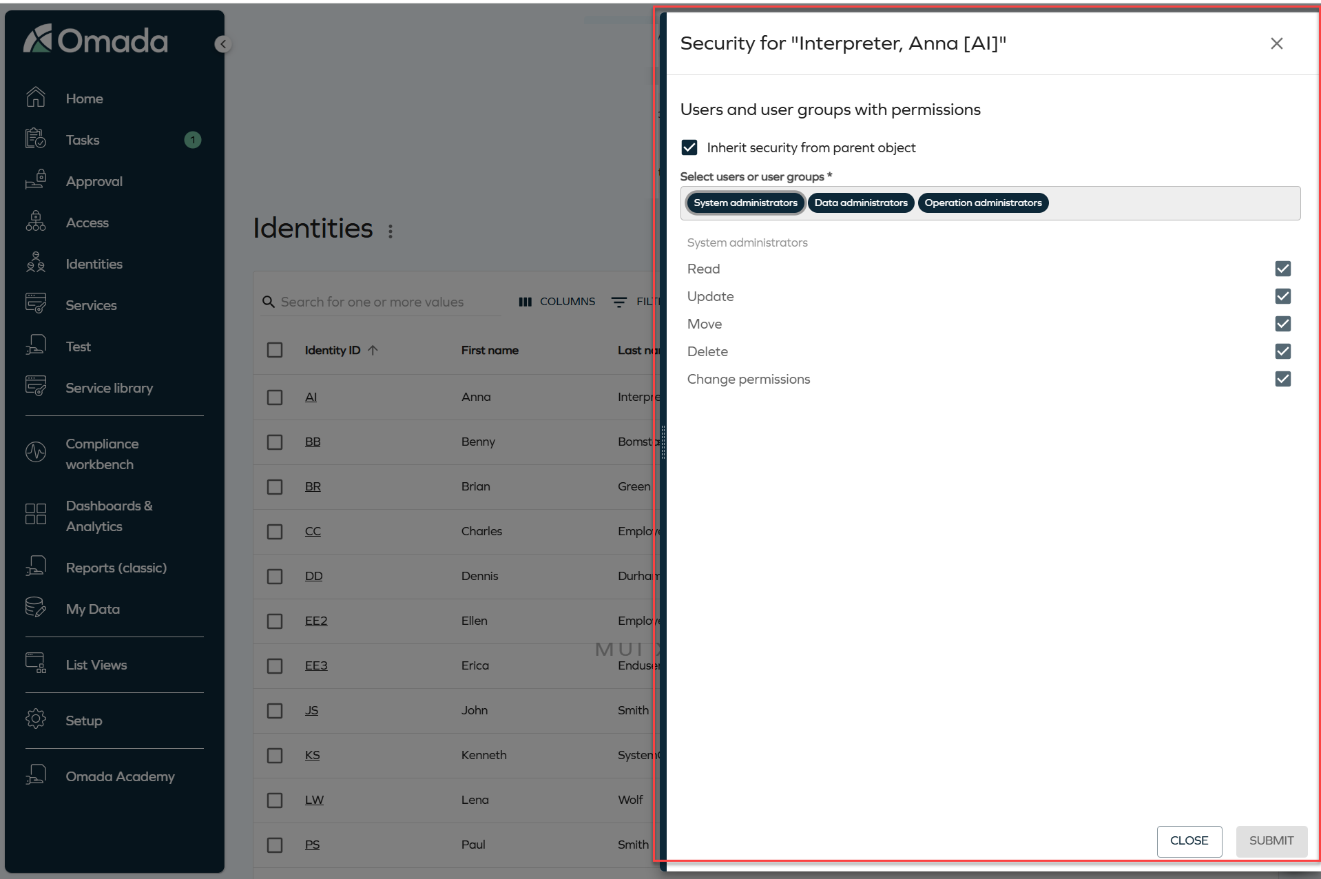 Security side panel opened from the Identities list view.