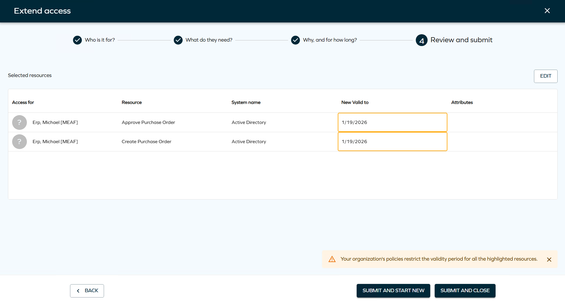 Max validity - Request access process