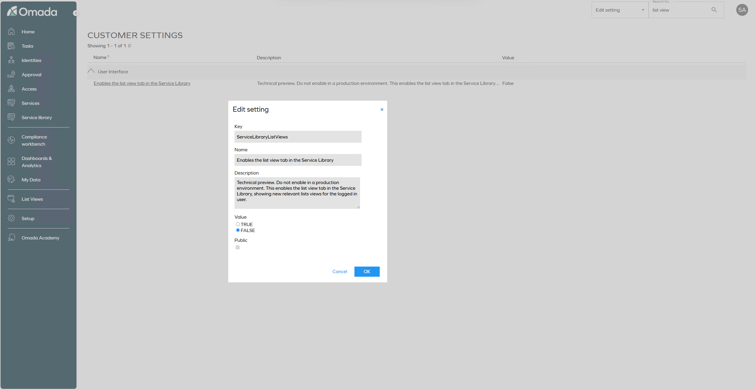 Customer settings dialog for the ServiceLibraryListViews setting, showing its Technical Preview description