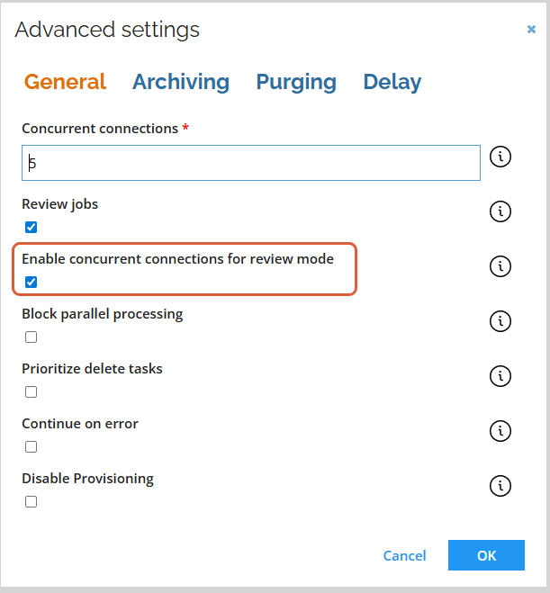 Screenshot showing the Enable Concurrent Connections for Review Mode setting in the Omada Identity Cloud interface. The interface displays a configuration panel with options related to concurrent connections, including a toggle switch to enable or disable the feature. The surrounding environment is a clean, modern web application layout with navigation menus on the left and top. The tone of the image is professional and informative. Any visible text in the screenshot is related to configuration options for review mode.