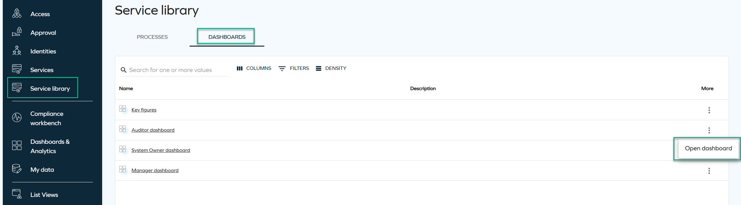 New UI item: Service library - Dashboards tab