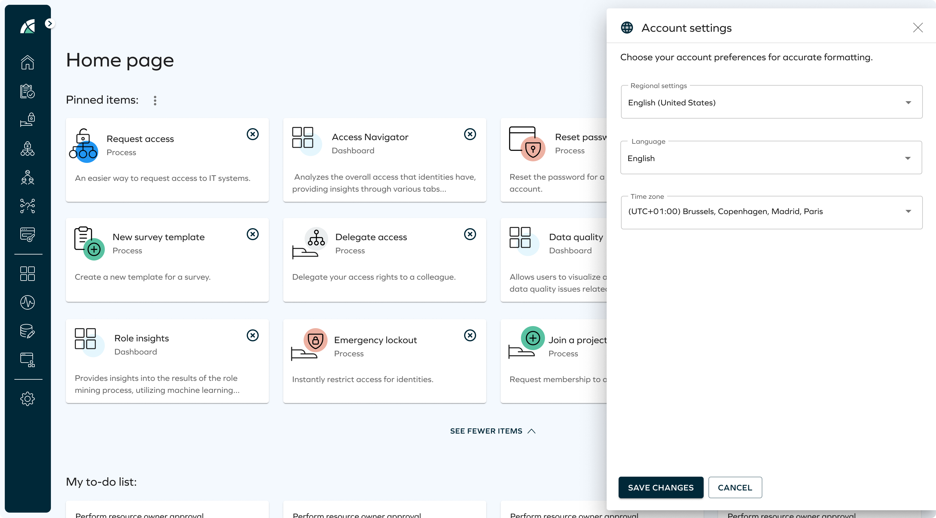 Account settings side panel on the homepage