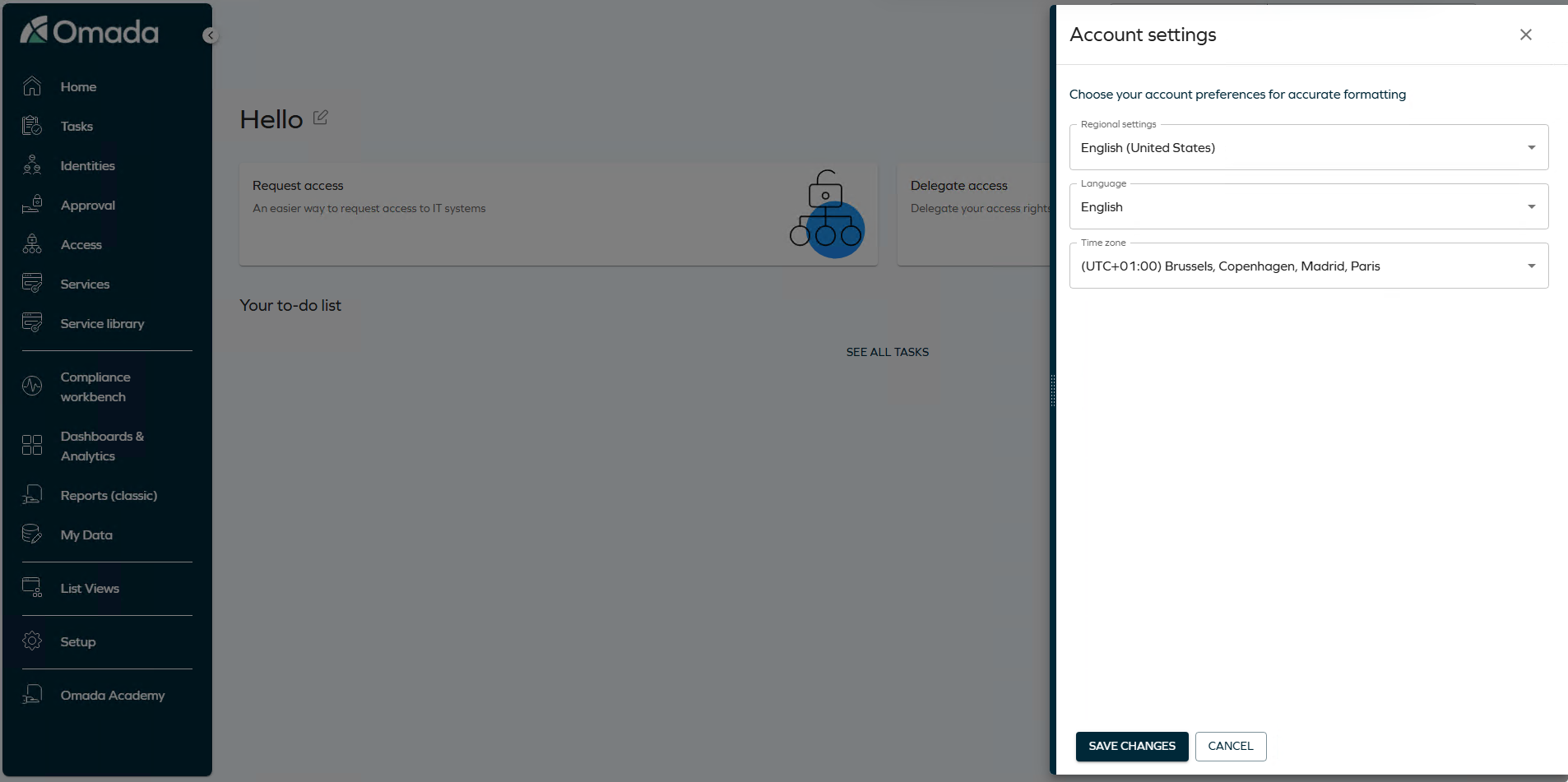 Account settings side panel on the homepage
