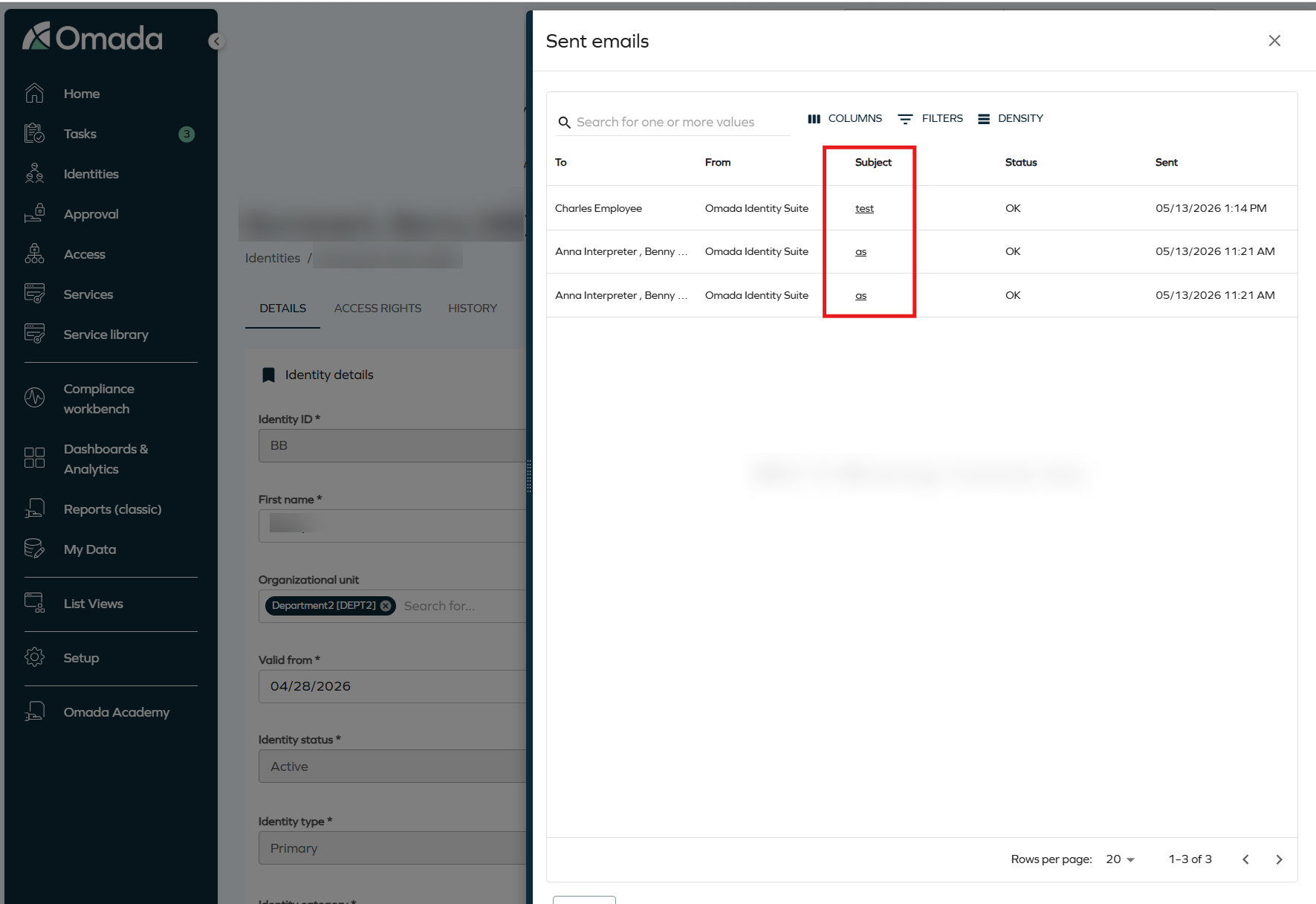 Sent emails panel showing a list of email notifications for an identity.