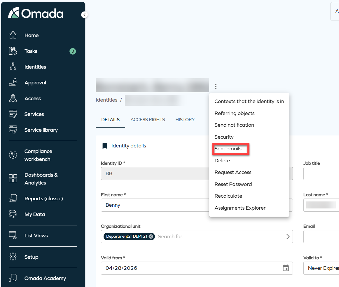 Sent emails option in the three-dots menu on the Identity details page.