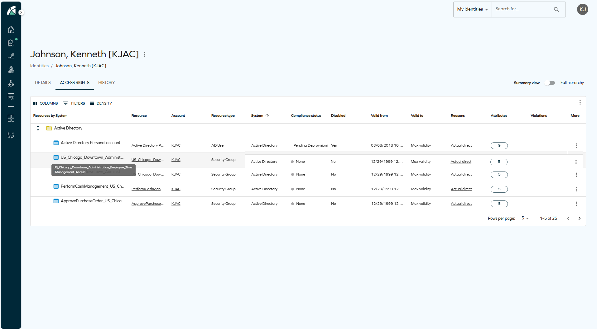 Grouping column with truncated text and tooltip in the Access rights grid.