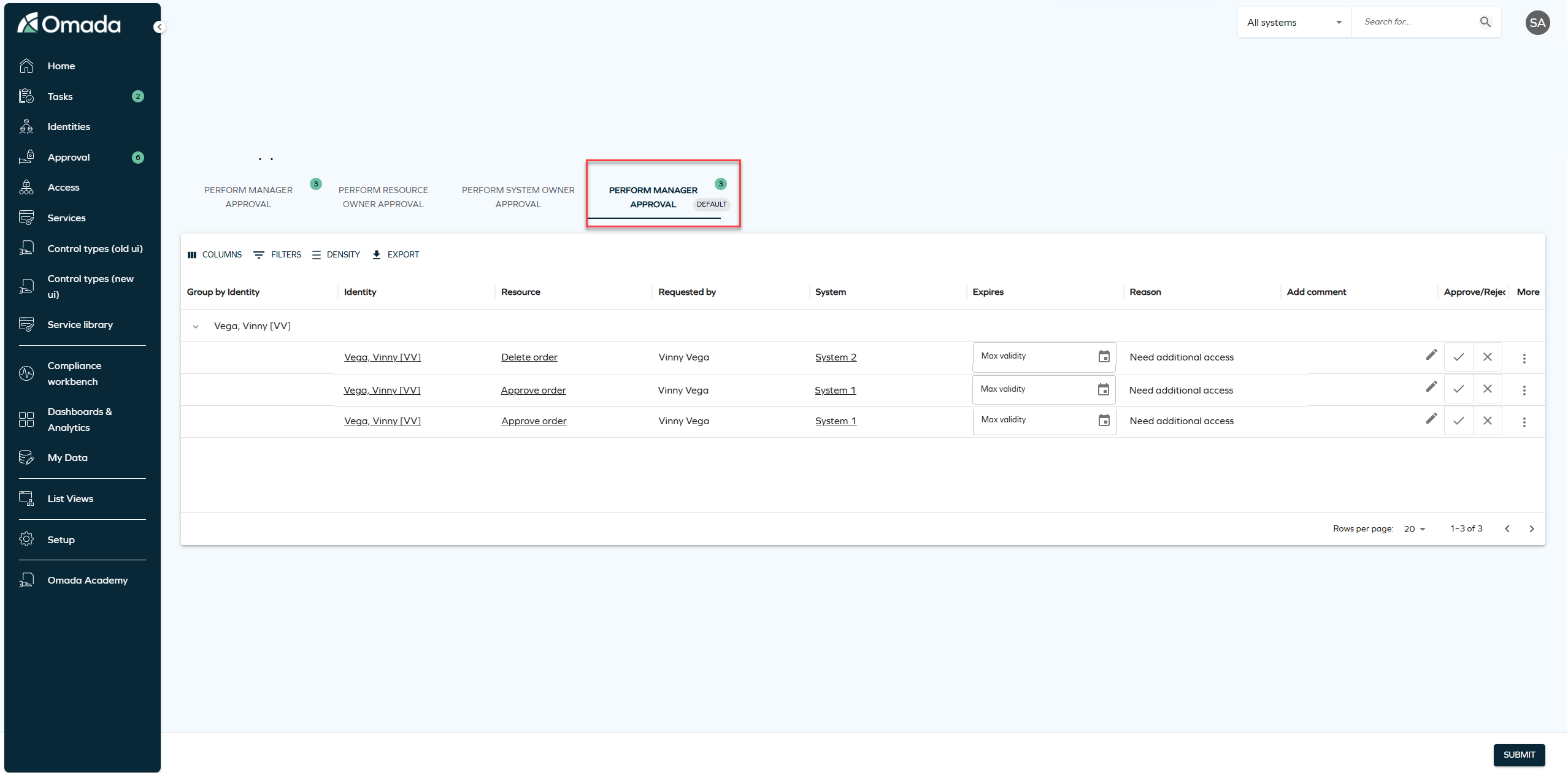 Approval task showing two Perform manager approval tabs, one labeled DEFAULT.