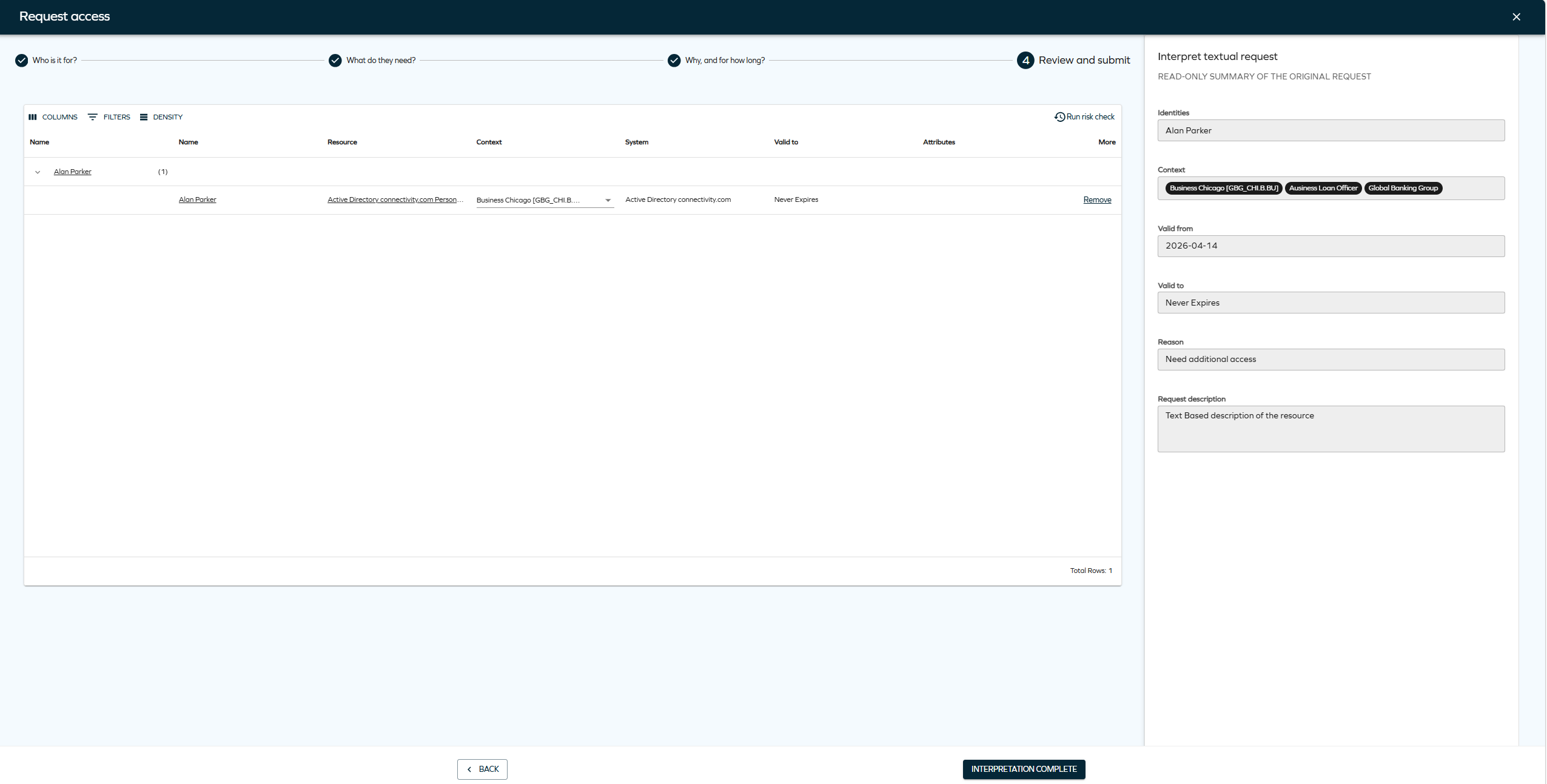 Request interpreter in the new UI Access request sidepanel