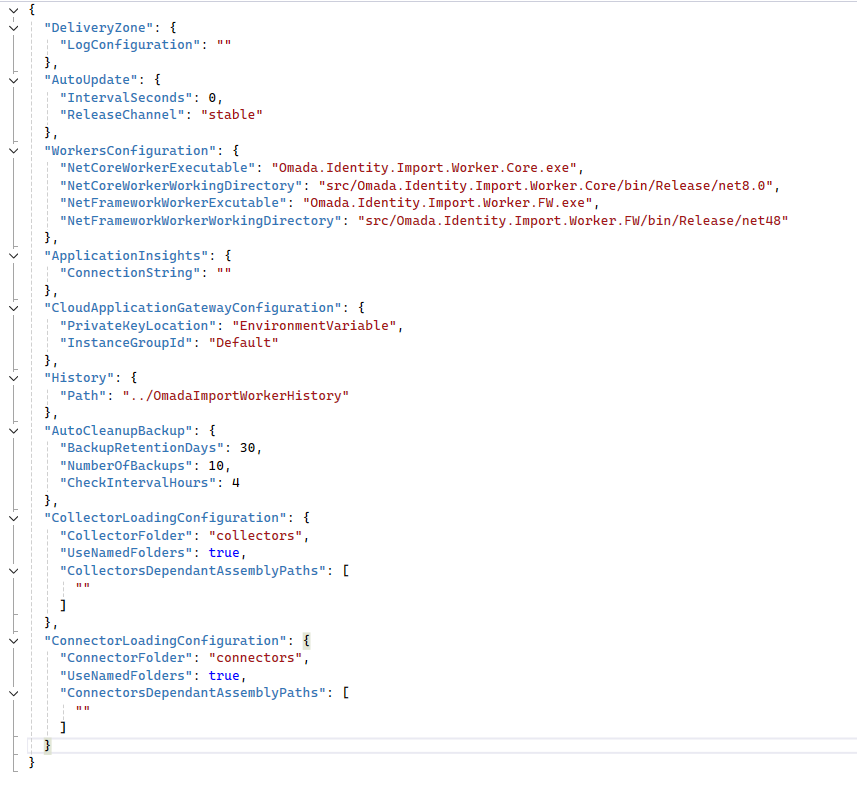 Screenshot showing the appsettings Customer json example configuration file for Cloud Application Gateway in a code editor with syntax highlighting. The file displays structured JSON settings including DeliveryZone, AutoUpdate, WorkersConfiguration, ApplicationInsight, CloudApplicationGatewayConfiguration, History, AutoCleanupBackup, CollectorLoadingConfiguration, and ConnectorLoadingConfiguration. The environment is a clean technical interface focused on configuration management. No emotional tone is present. All visible text in the image is code and configuration keys.