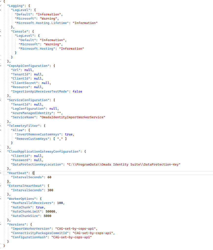 Screenshot of the appsettings json example configuration file for Cloud Application Gateway, displayed in a code editor with syntax highlighting. The file contains structured JSON settings such as Logging, CopsApiConfiguration, ServiceConfiguration, TelemetryFilter, CloudApplicationGatewayConfiguration, Heartbeat, ExternalHeartbeat, WorkerOptions, and Version. The environment is a clean, technical interface focused on configuration management, with no emotional tone.