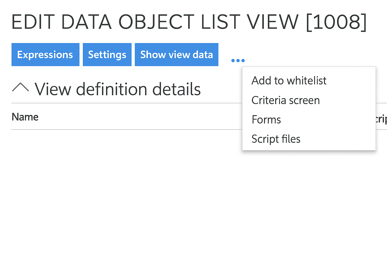 Screenshot of the data object list view customization panel in Omada Identity Cloud. The panel displays options for expanding details and selecting forms for specific user groups. The ellipsis menu is open, showing a list of available forms to choose from. The interface is clean and organized, with a neutral and professional tone. Visible text includes Forms, Ok, and Cancel buttons, guiding users through the customization process.