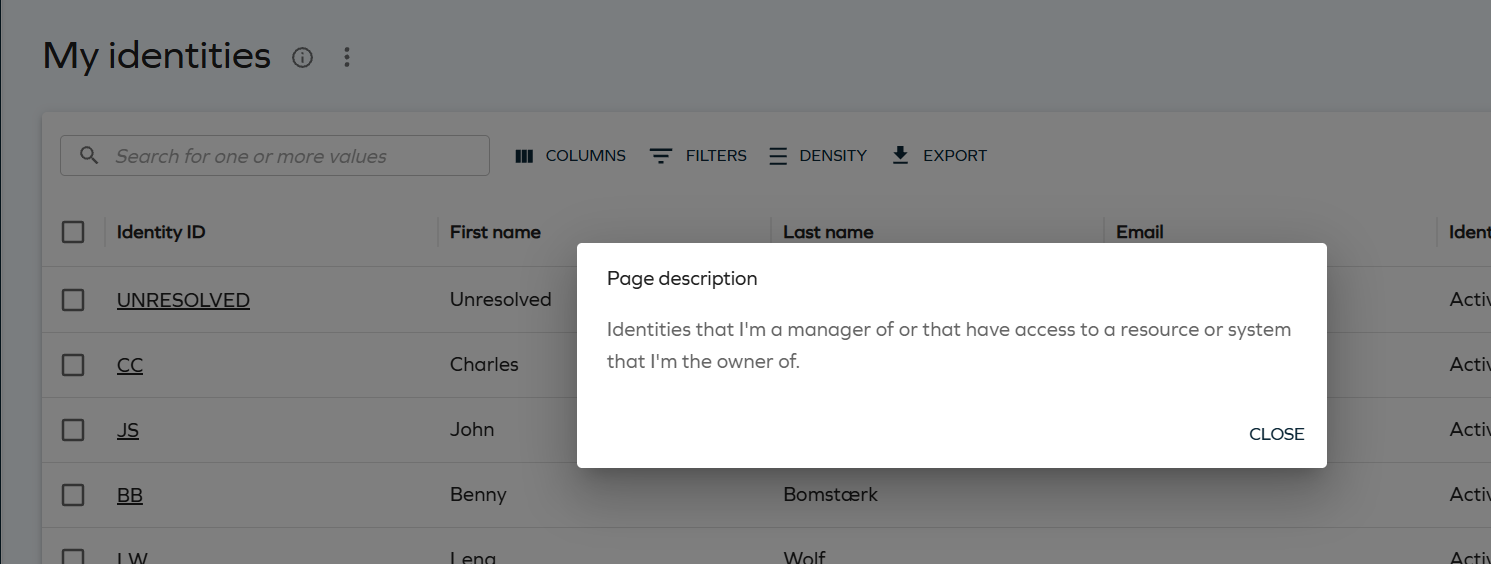 Page description dialog showing the view's description text and a Close button