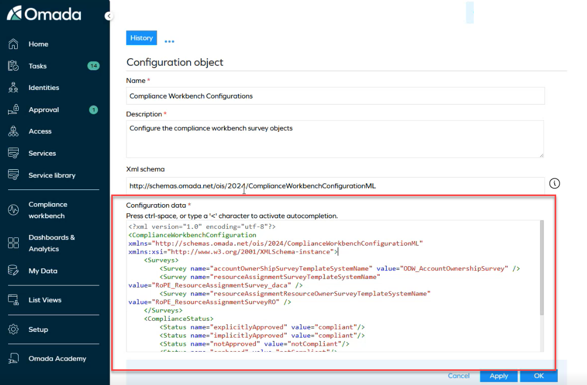 Compliance Workbench Configurations configuration object showing a survey system name updated to point to a copied survey template.
