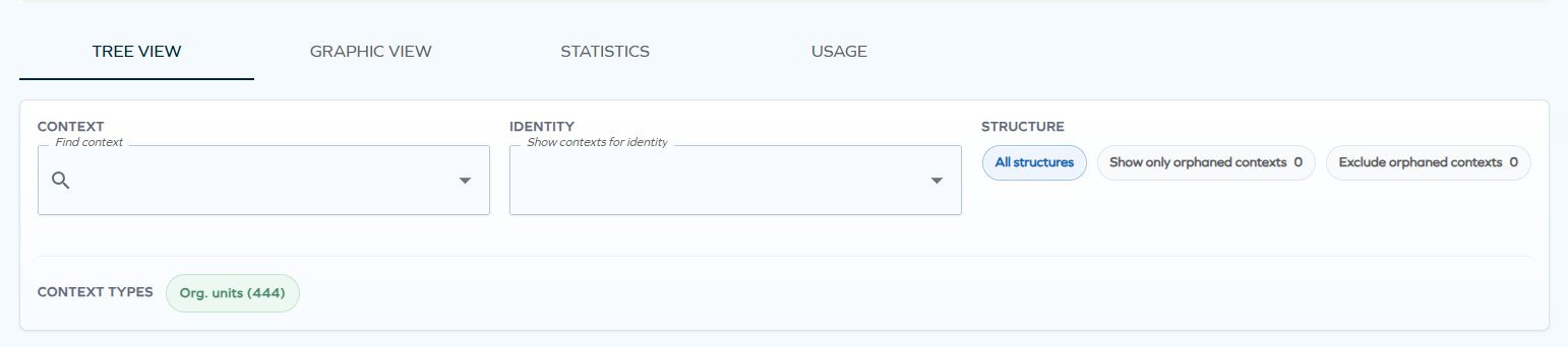Filters panel showing context search, show contexts for identity, structure options, and context type chips