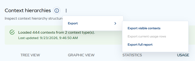 Page actions menu showing Export visible contexts, Export current usage rows, and Export full report options