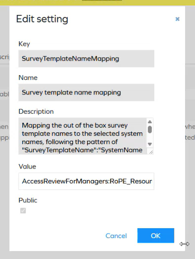 Edit setting dialog for the SurveyTemplateNameMapping customer setting.