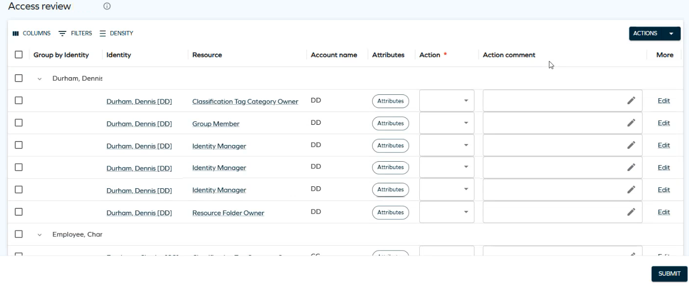 Access review survey open in the new UI, showing grouping by identity, columns, filters, density options, and the Actions button used for mass edit.