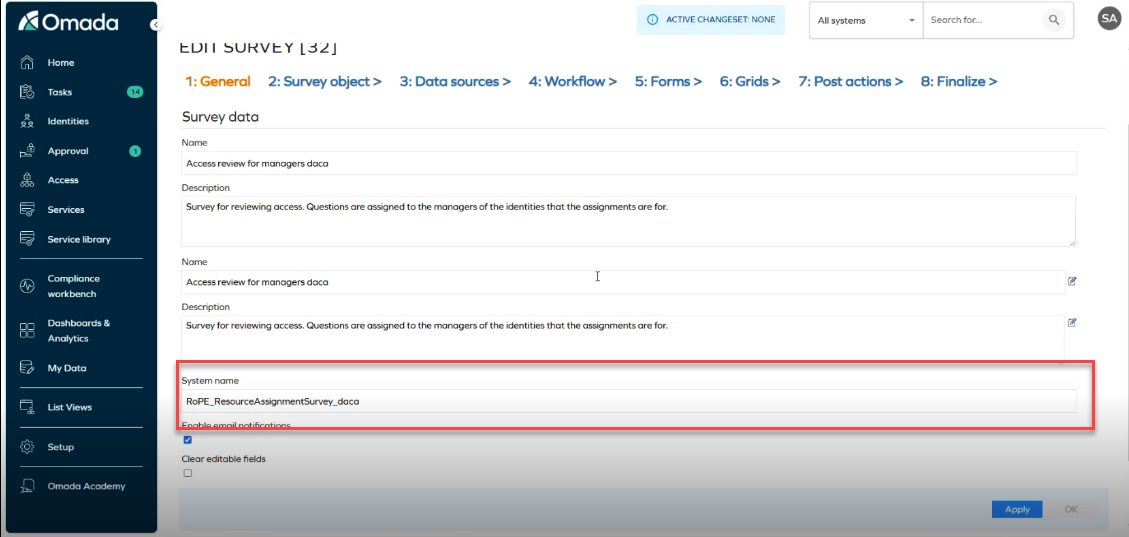 System name field on the General step of a copied Access review for managers survey template.