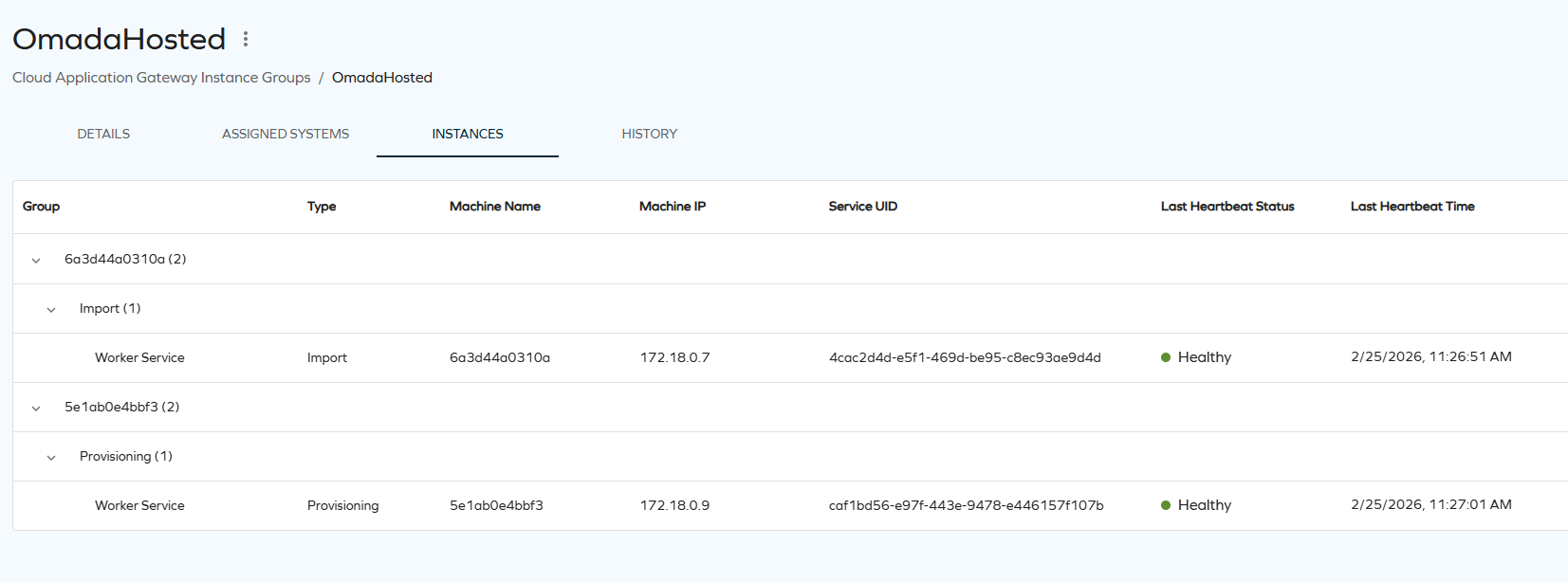 CAG-instance-groups-instances-tab showing table with columns: Group, Type, Machine Name, Machine IP, Service UID, Last Heartbeat Status, and Last Heartbeat Time. The table displays multiple worker instances assigned to different instance groups with their connection status and timing information.