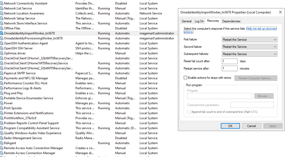 Windows Services recovery options showing 'Restart the Service' selected for first, second, and subsequent failures.