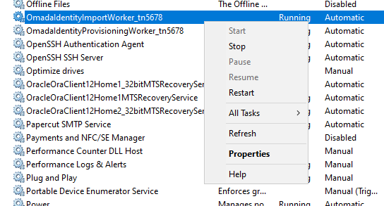 Windows Services properties window showing worker services.