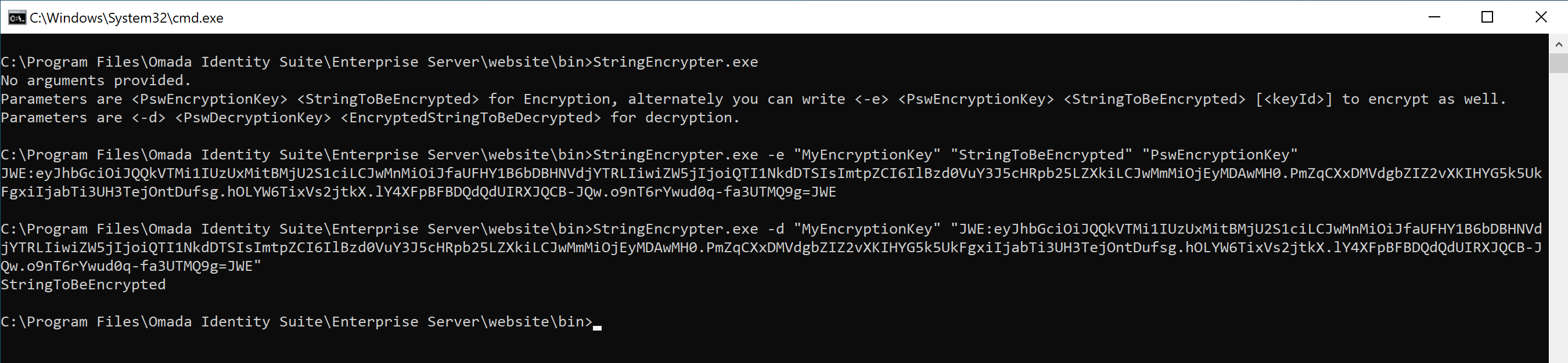 Command Prompt used for encryption with JWE method