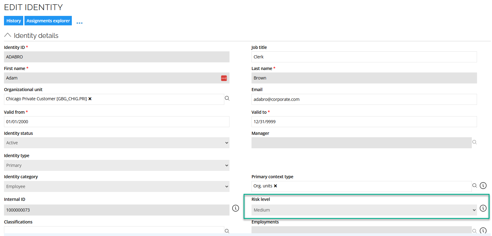 Risk level of identity