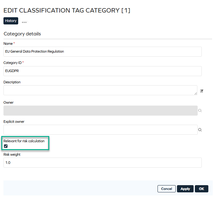 EU GDPR category set as relevant for risk score calculation