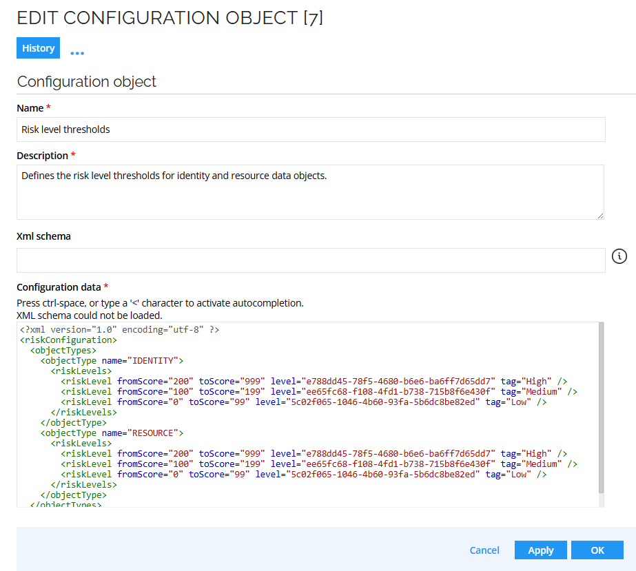 Edit configuration object - Risk level thresholds
