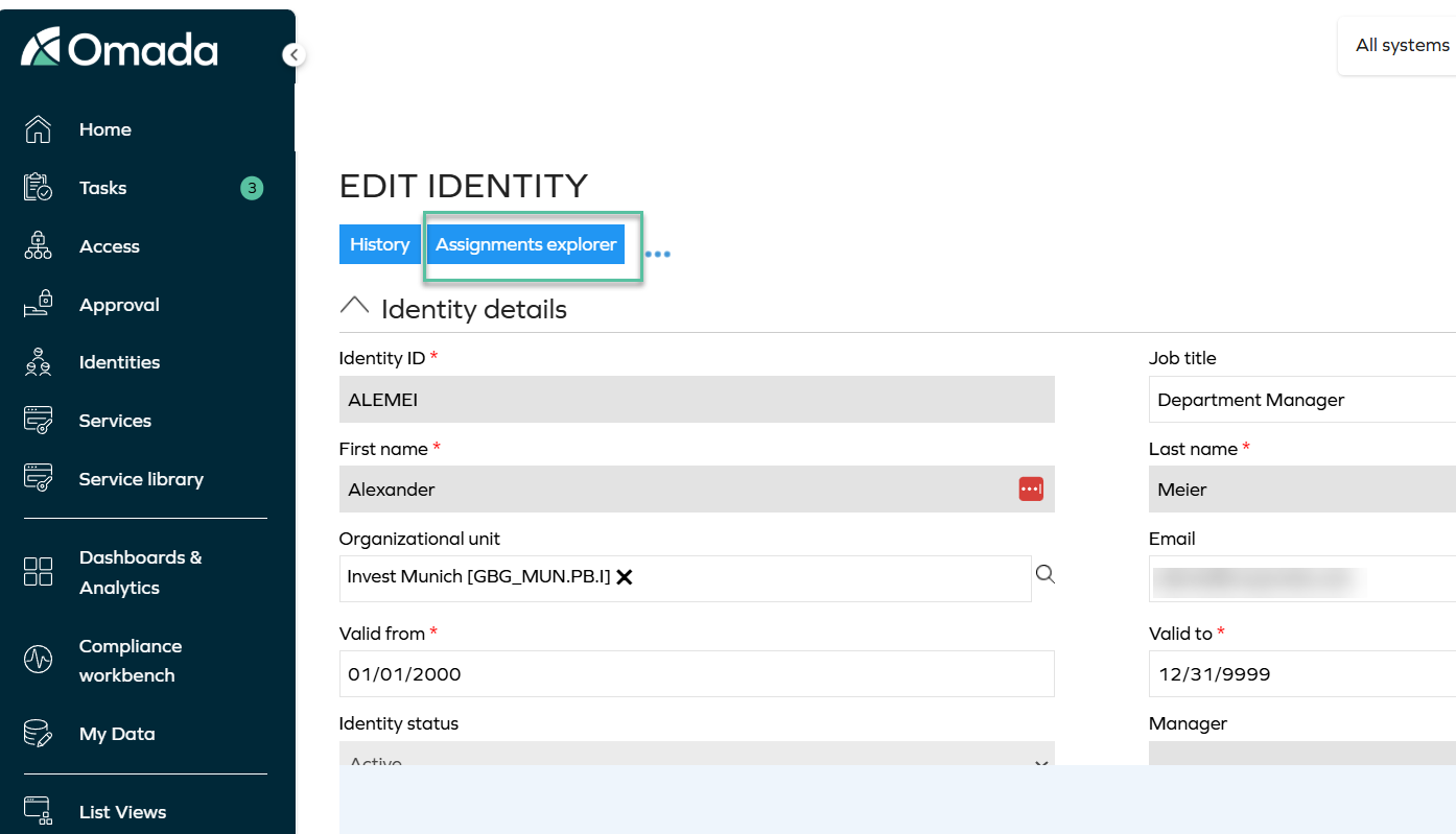 Edit identity view with the Assignments explorer option highlighted
