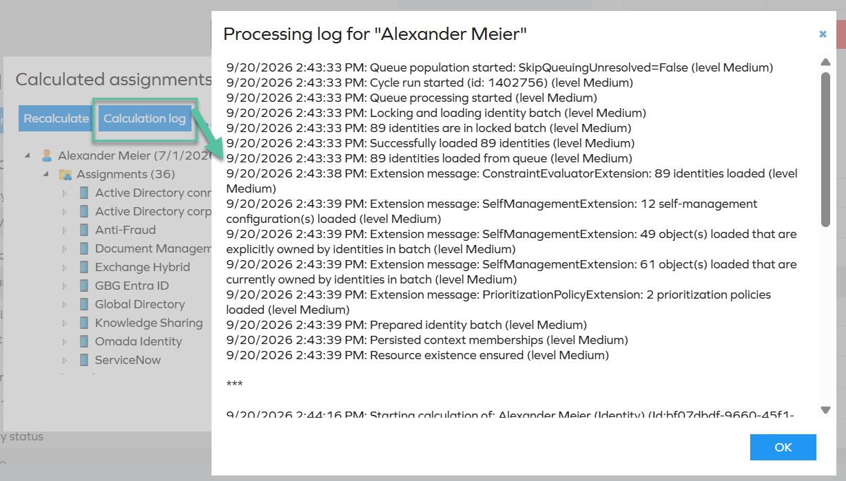 Calculation log showing timestamped processing events for an identity calculation