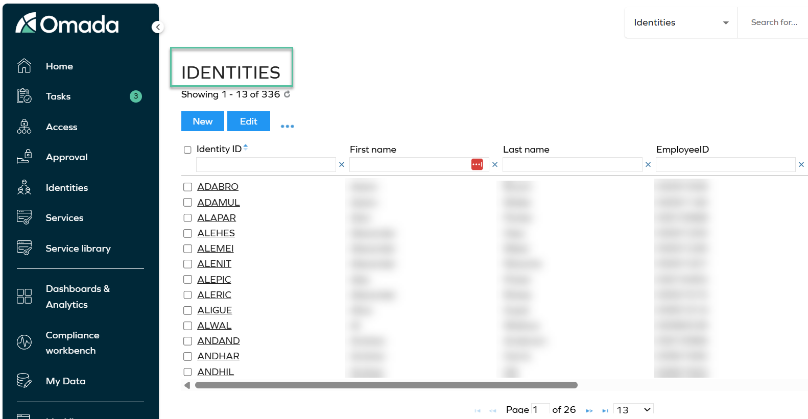 Identities list used to select the identity whose calculation results you want to inspect