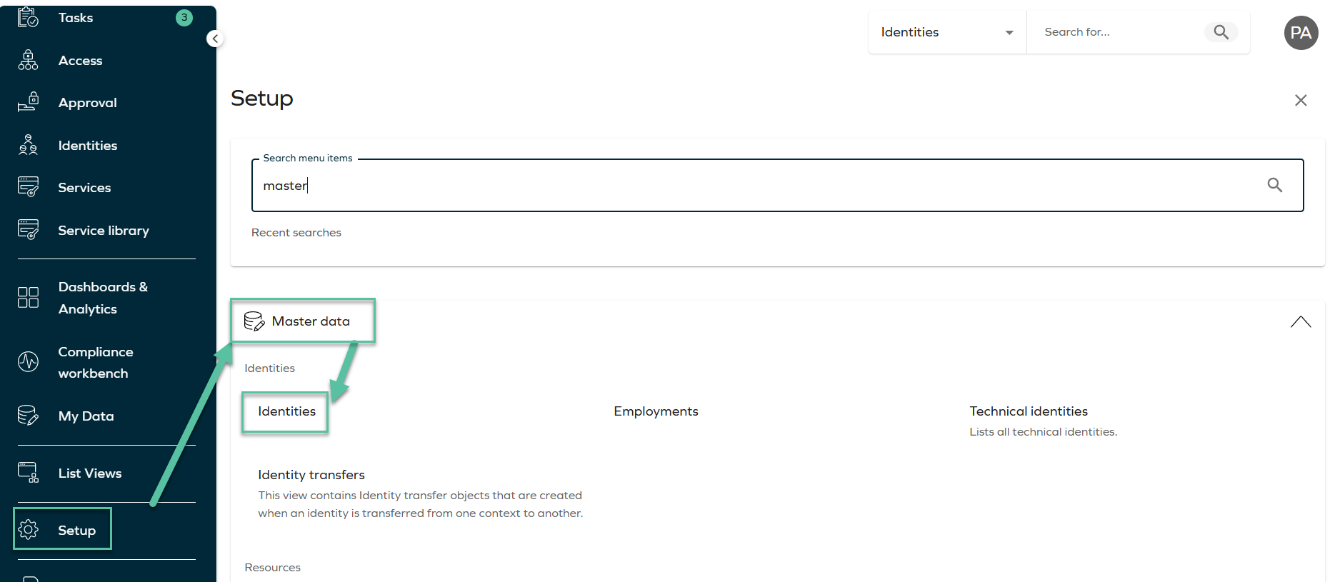 Setup page showing the Master data category and Identities option