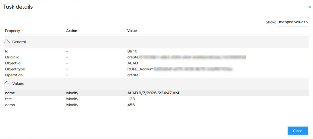 Task details dialog with Show set to mapped values, listing the General identifiers and the mapped property values